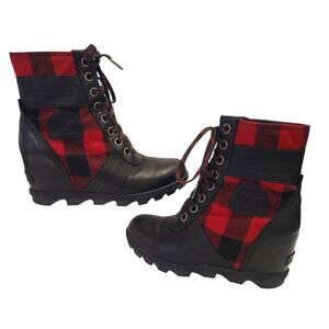 Sorel Lexie Boots Women's 8 Black Red Leather Buffalo Plaid Hidden Wedge Booties